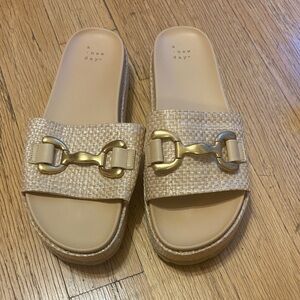 A New Day Beige Woven Slide Sandals with Gold Buckle